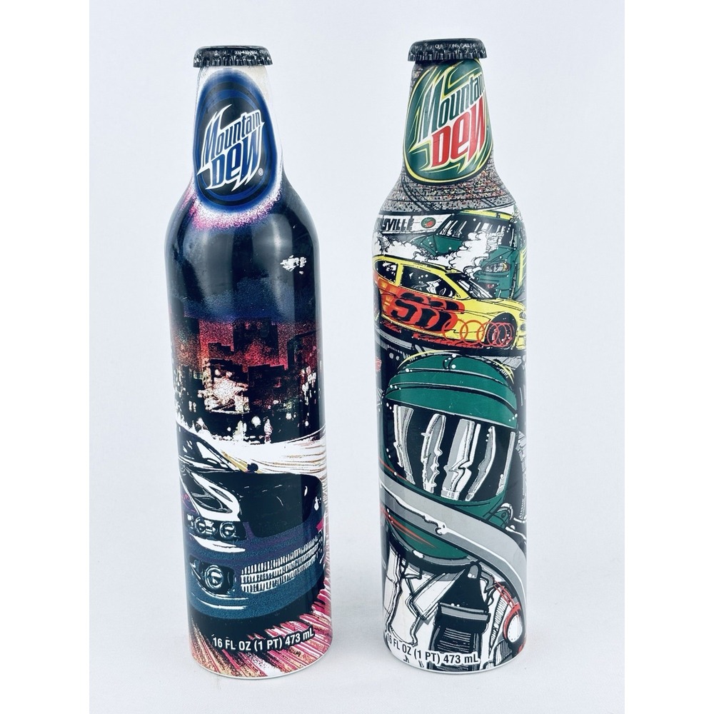 Lot of 2 NASCAR 2008 Mountain Dew Full Aluminum Bottles Green Label Art